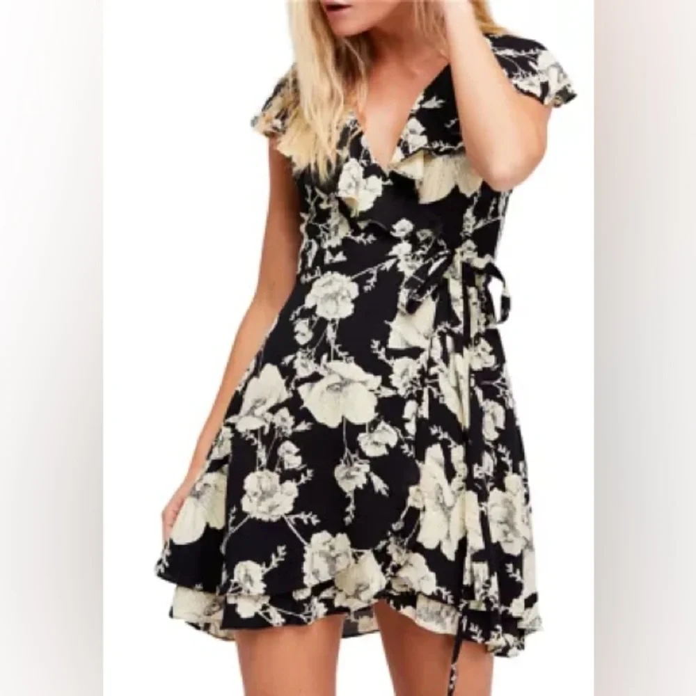 Free People French Quarter Print Wrap Flutter Sleeve Minidress, Black Onyx Combo - Picture 5 of 10